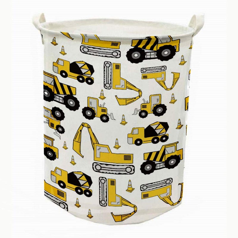 Runtoo 19.7" Large Sized Laundry Hamper Waterproof Foldable Canvas Construction Transports Theme Bucket Clothing Laundry Basket with Handles for Storage Bins Kids Room Home Organizer Nursery Storage - Image 1